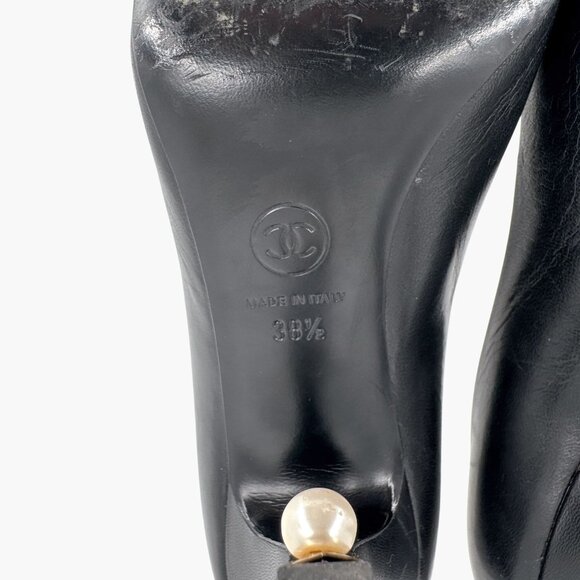 Chanel Peep Toe CC Logo Pearl Black Leather Pumps High Heels Size 38.5 US 7.5-8 - Picture 14 of 16